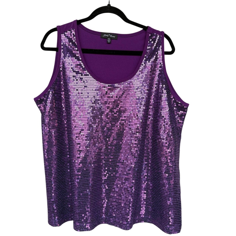 Slinky Brand Shirt Womens 1X Purple Sequin Tank Top Sleeveless Party Blouse